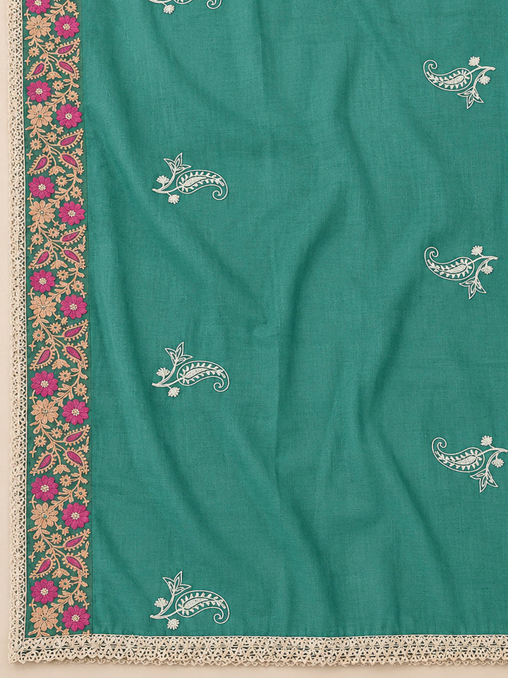 Rama Green Chanderi Embroidered Unstitched Dress Material