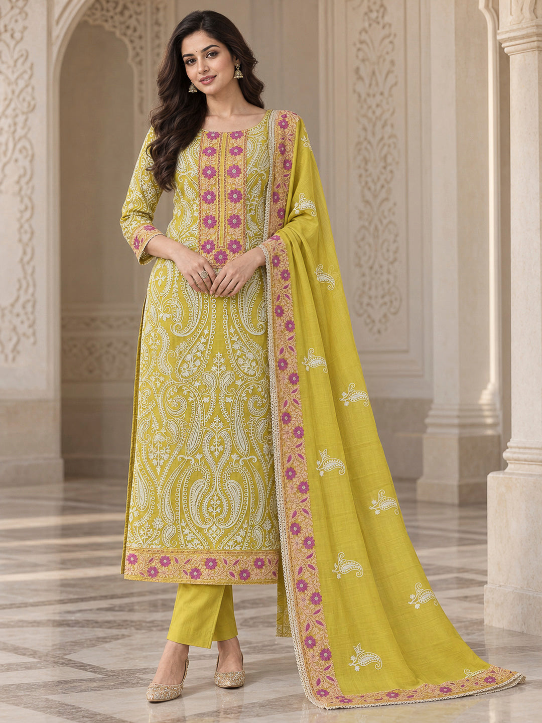 Yellow Chanderi Embroidered Unstitched Dress Material
