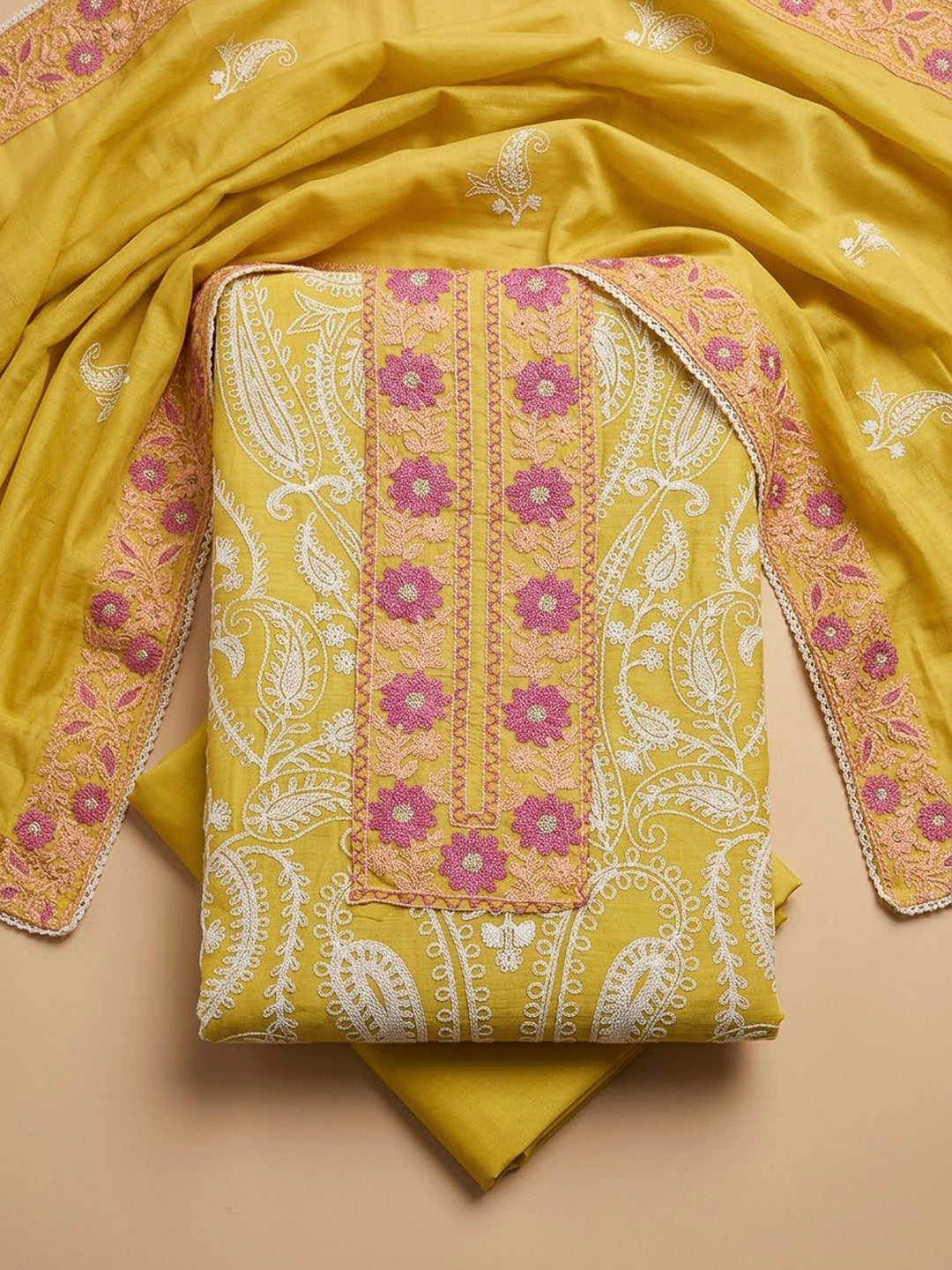 Yellow Chanderi Embroidered Unstitched Dress Material