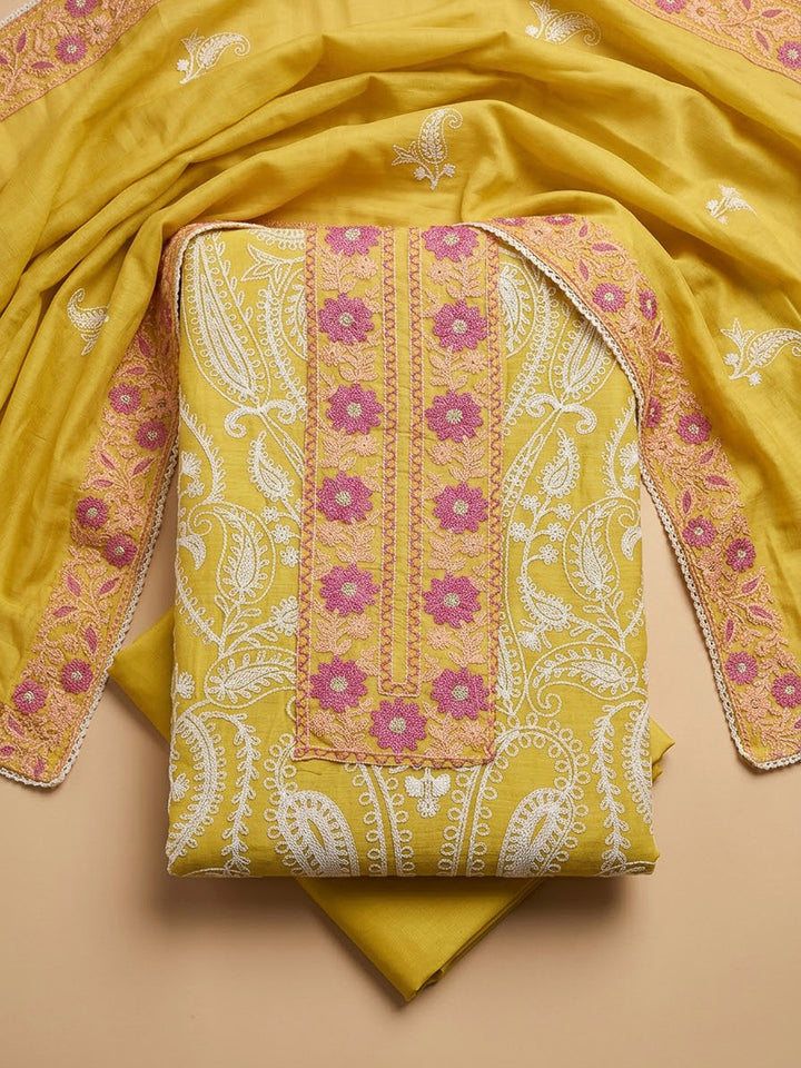 Yellow Chanderi Embroidered Unstitched Dress Material