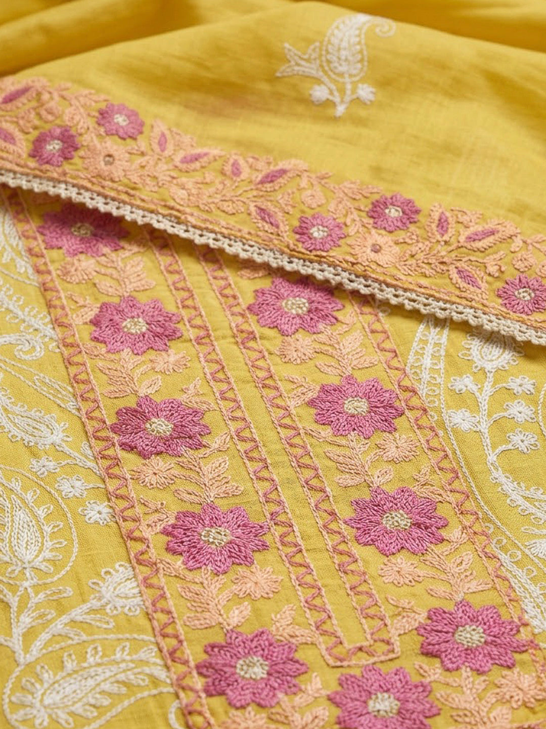Yellow Chanderi Embroidered Unstitched Dress Material