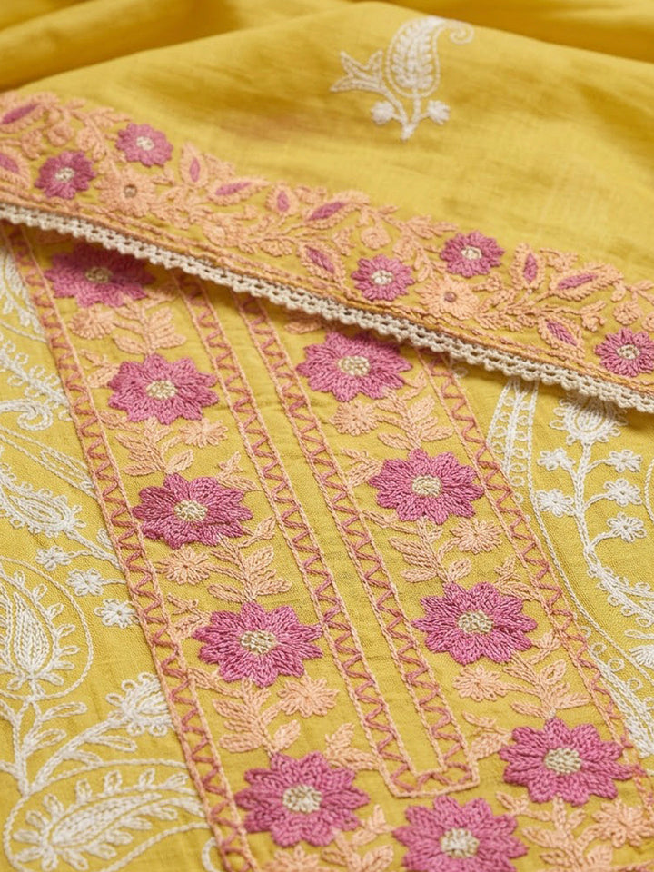 Yellow Chanderi Embroidered Unstitched Dress Material