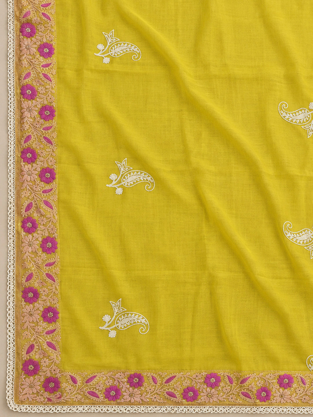 Yellow Chanderi Embroidered Unstitched Dress Material