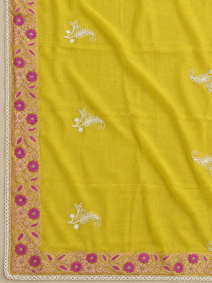 Yellow Chanderi Embroidered Unstitched Dress Material
