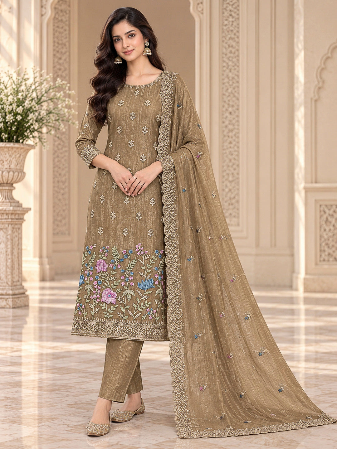 Beige Organza Embroidered Unstitched Dress Material