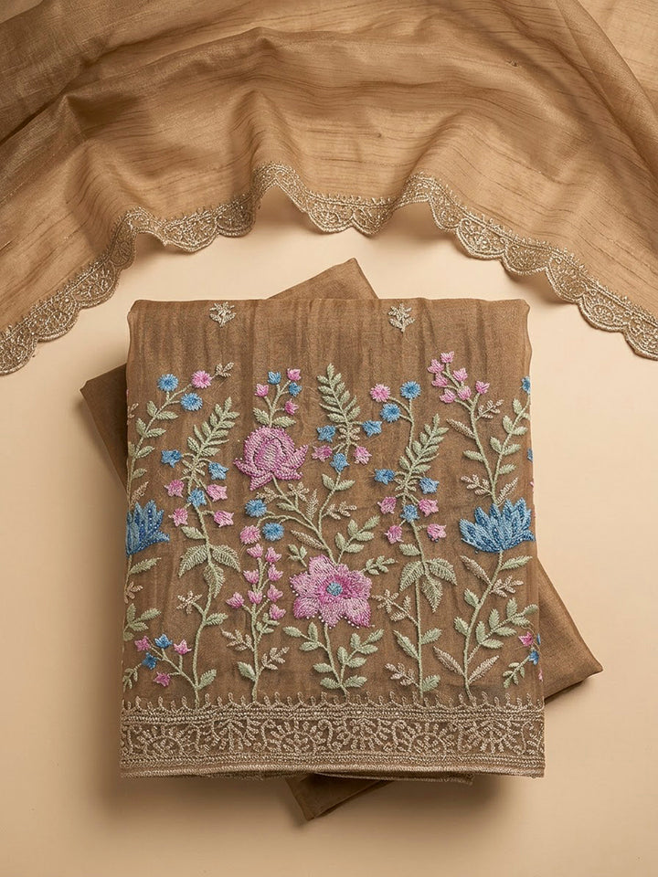 Beige Organza Embroidered Unstitched Dress Material