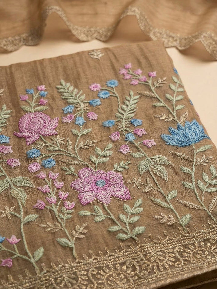Beige Organza Embroidered Unstitched Dress Material