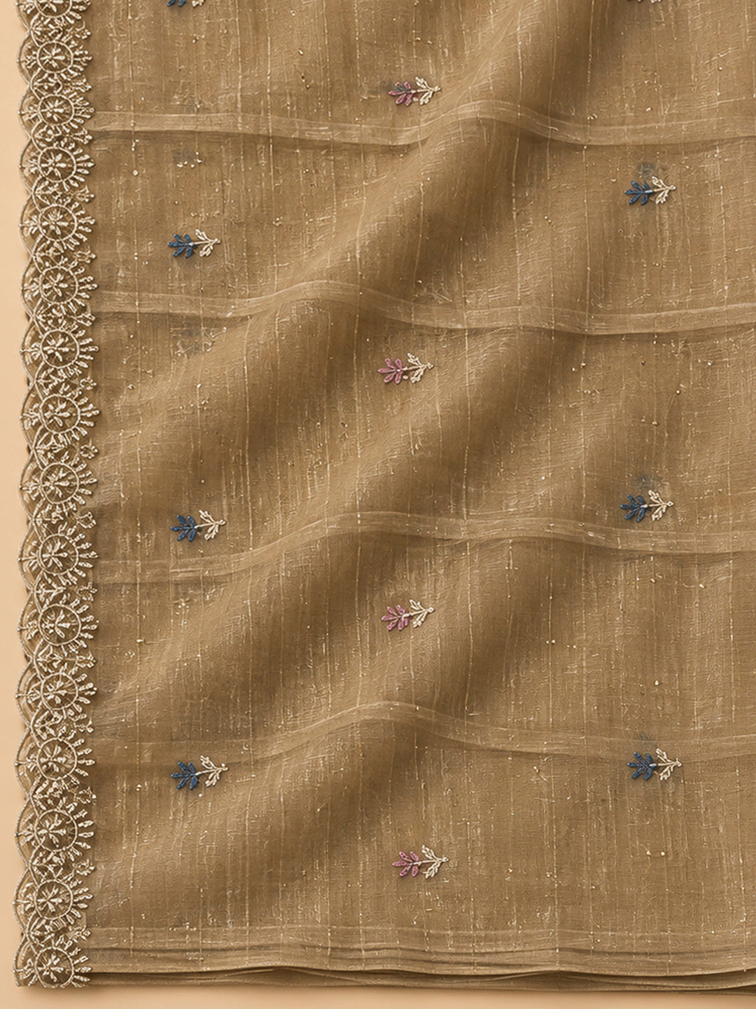 Beige Organza Embroidered Unstitched Dress Material