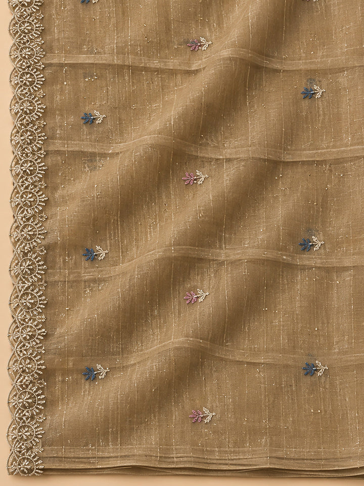 Beige Organza Embroidered Unstitched Dress Material