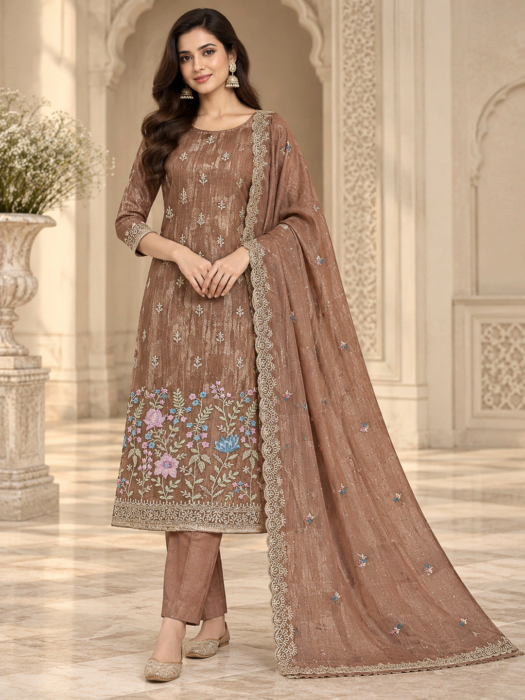 Brown Organza Embroidered Unstitched Dress Material