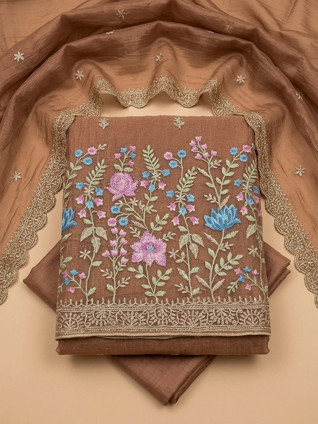 Brown Organza Embroidered Unstitched Dress Material