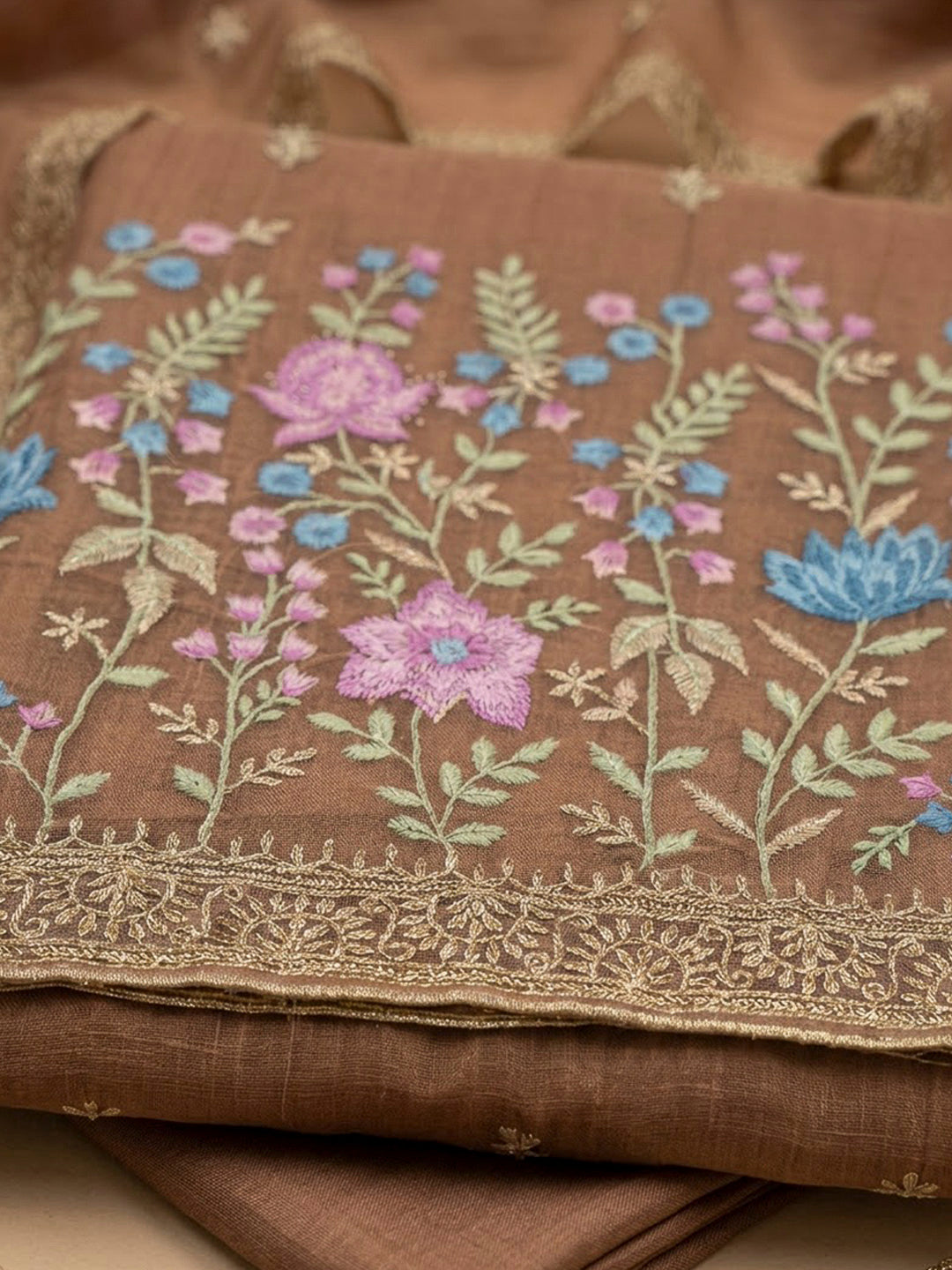 Brown Organza Embroidered Unstitched Dress Material