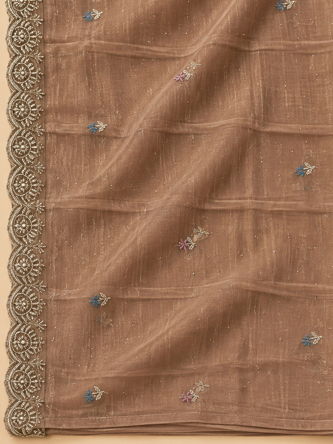 Brown Organza Embroidered Unstitched Dress Material