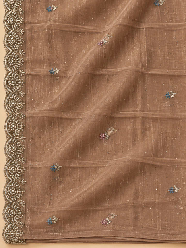 Brown Organza Embroidered Unstitched Dress Material