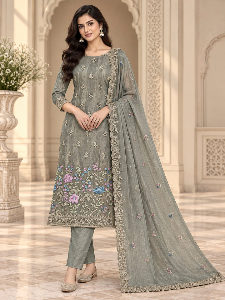 Grey Organza Embroidered Unstitched Dress Material
