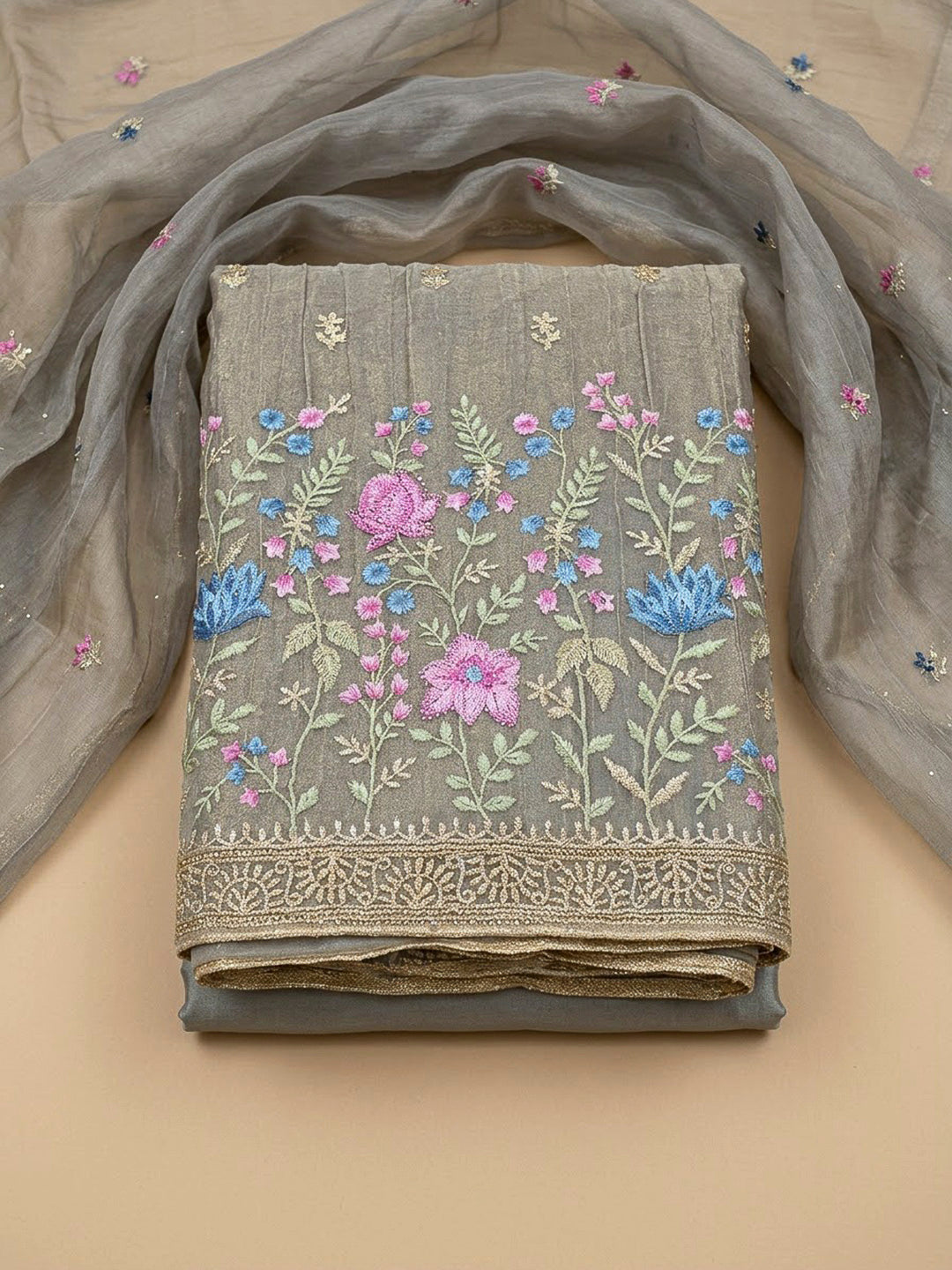 Grey Organza Embroidered Unstitched Dress Material