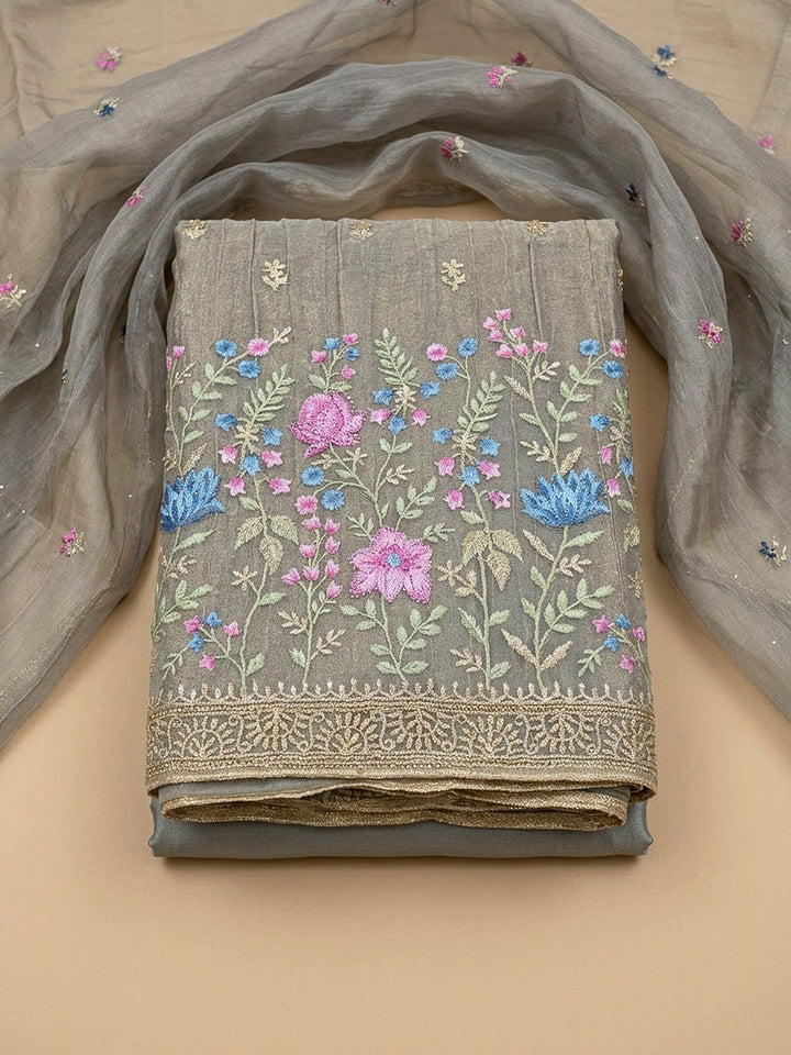 Grey Organza Embroidered Unstitched Dress Material