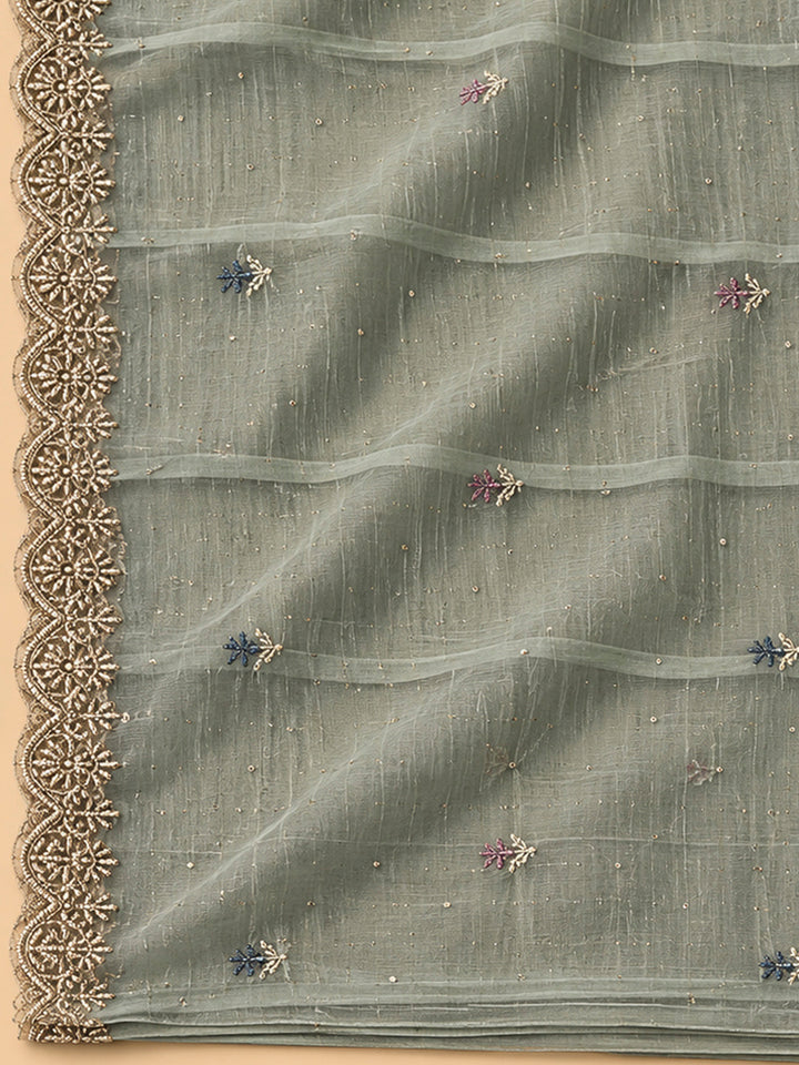 Grey Organza Embroidered Unstitched Dress Material