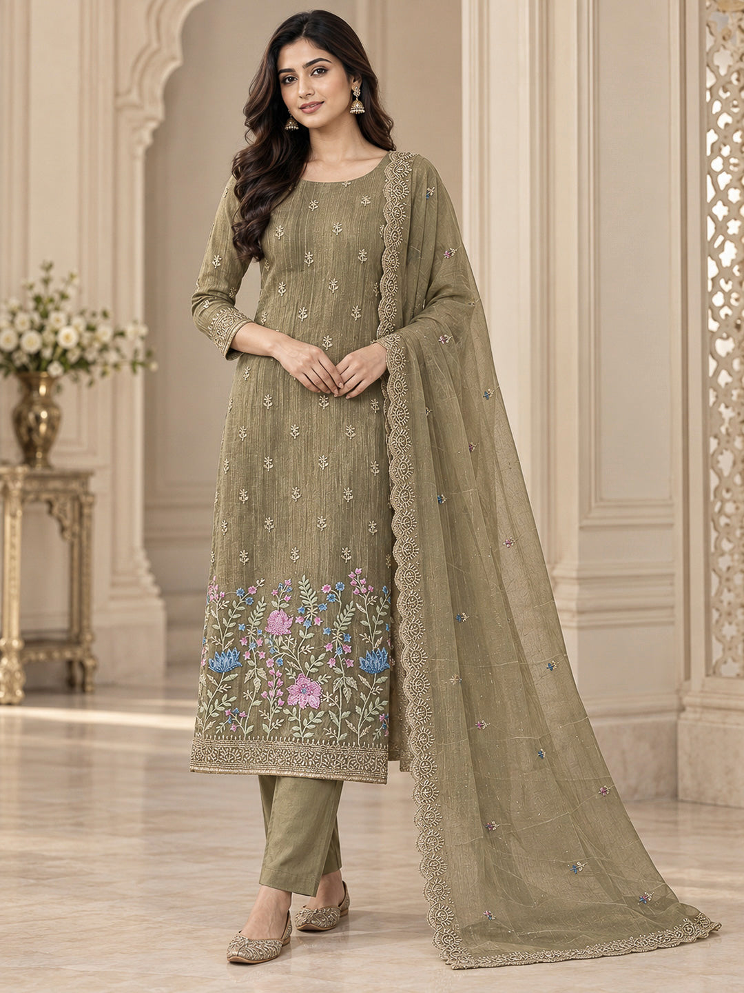 Pista Green Organza Embroidered Unstitched Dress Material