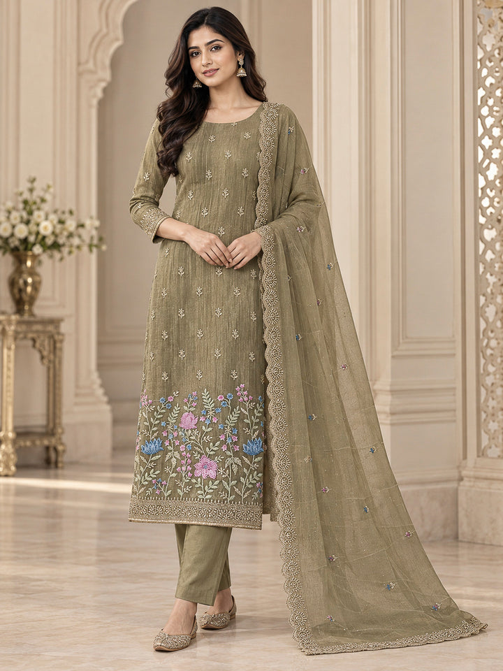 Pista Green Organza Embroidered Unstitched Dress Material