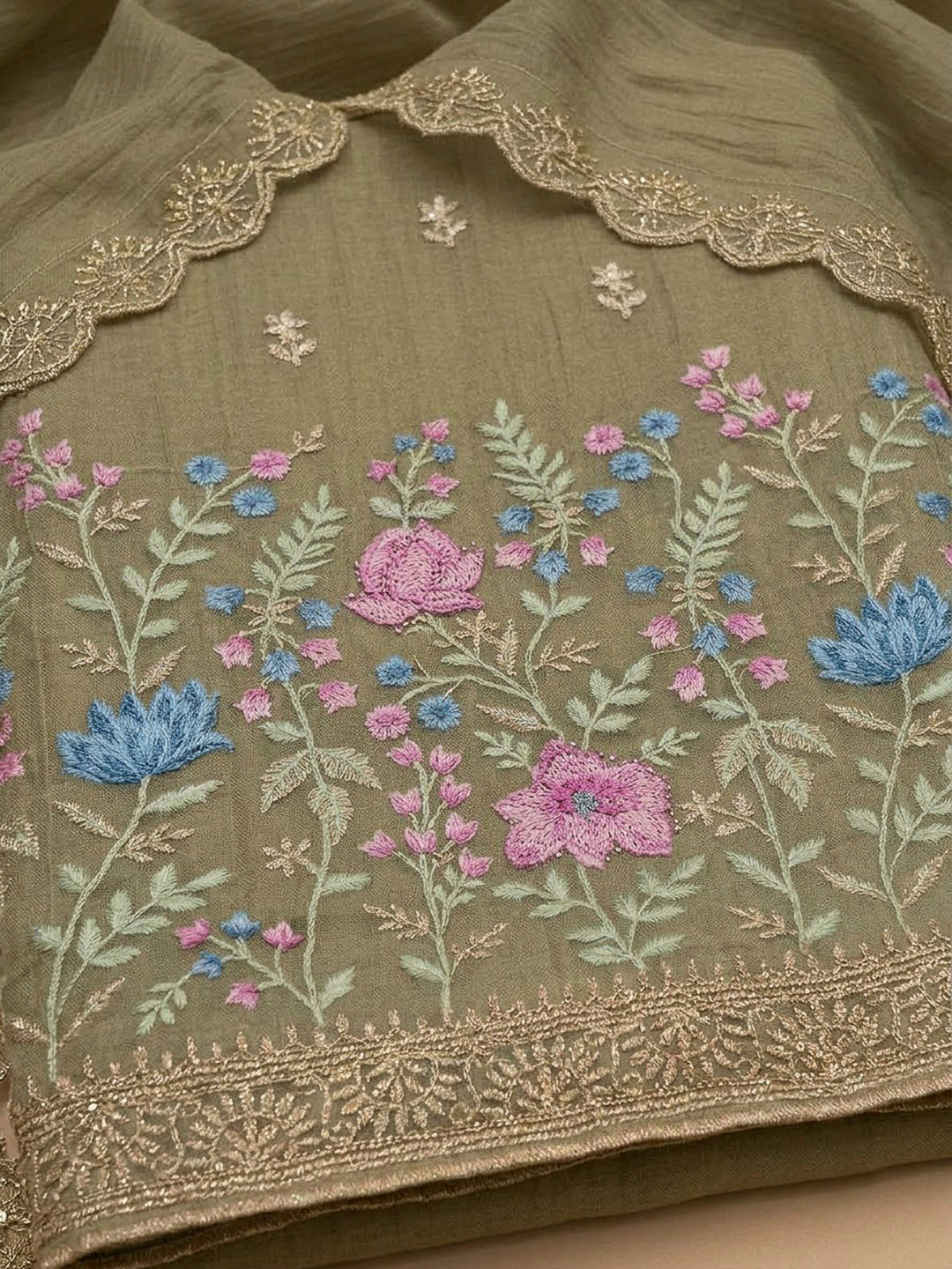 Pista Green Organza Embroidered Unstitched Dress Material