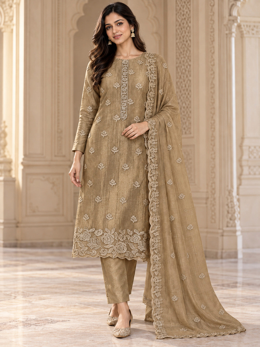 Beige Organza Embroidered Unstitched Dress Material