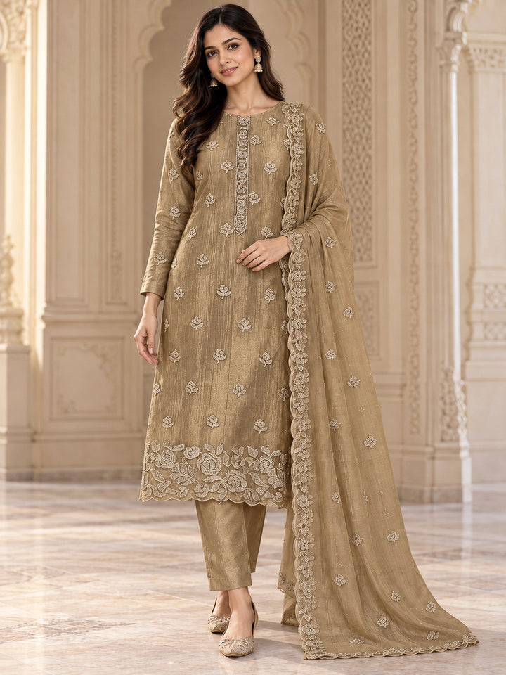 Beige Organza Embroidered Unstitched Dress Material