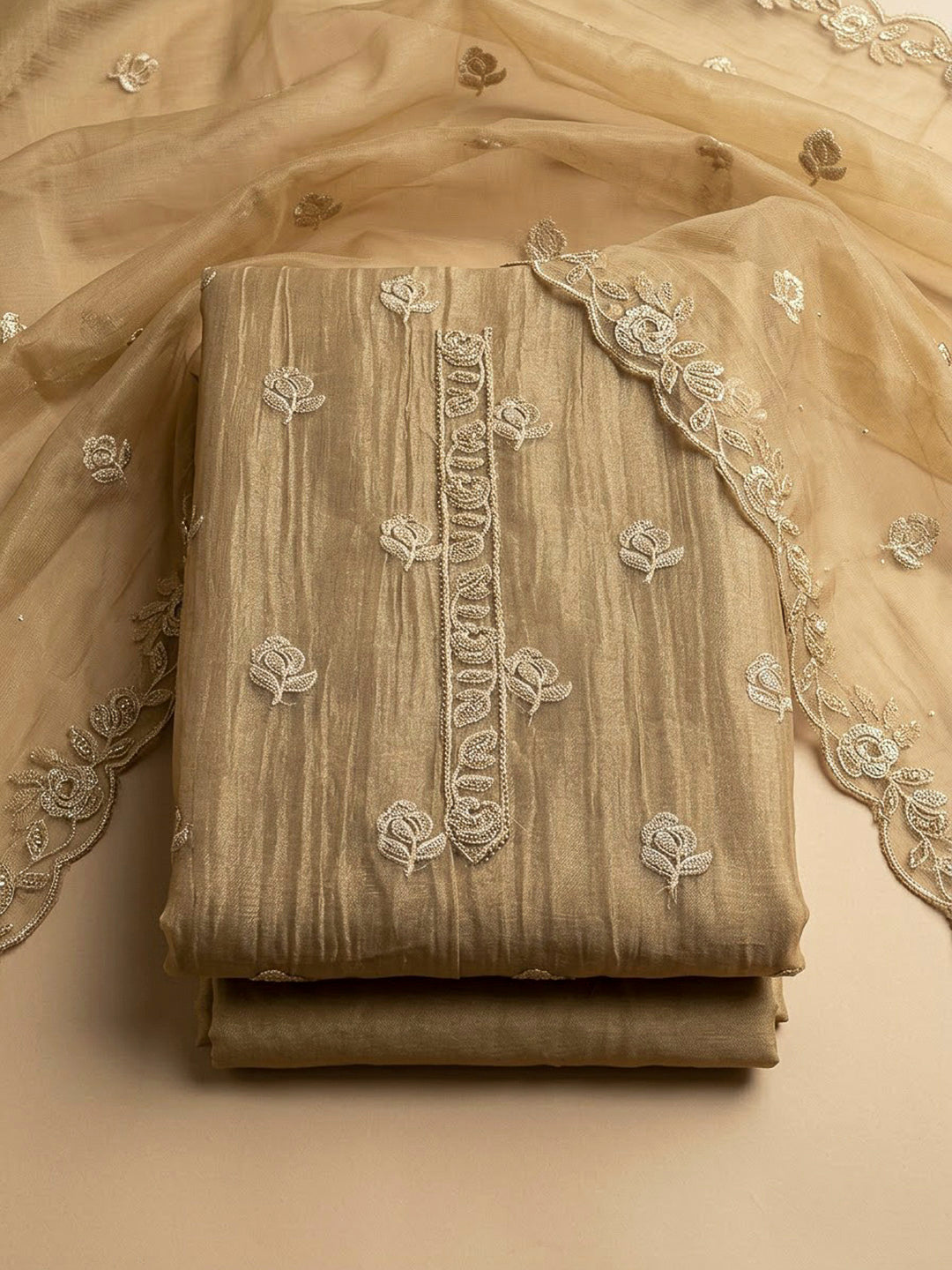 Beige Organza Embroidered Unstitched Dress Material