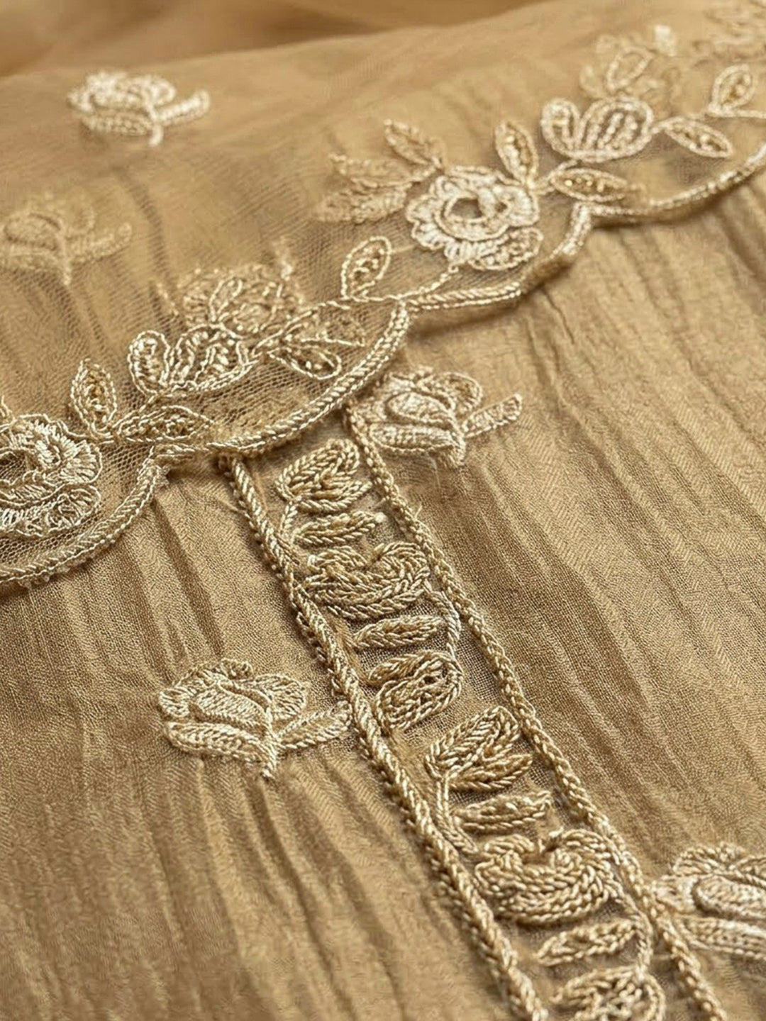 Beige Organza Embroidered Unstitched Dress Material