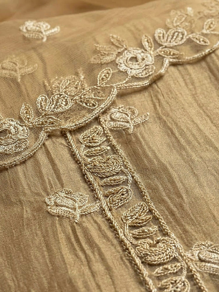 Beige Organza Embroidered Unstitched Dress Material