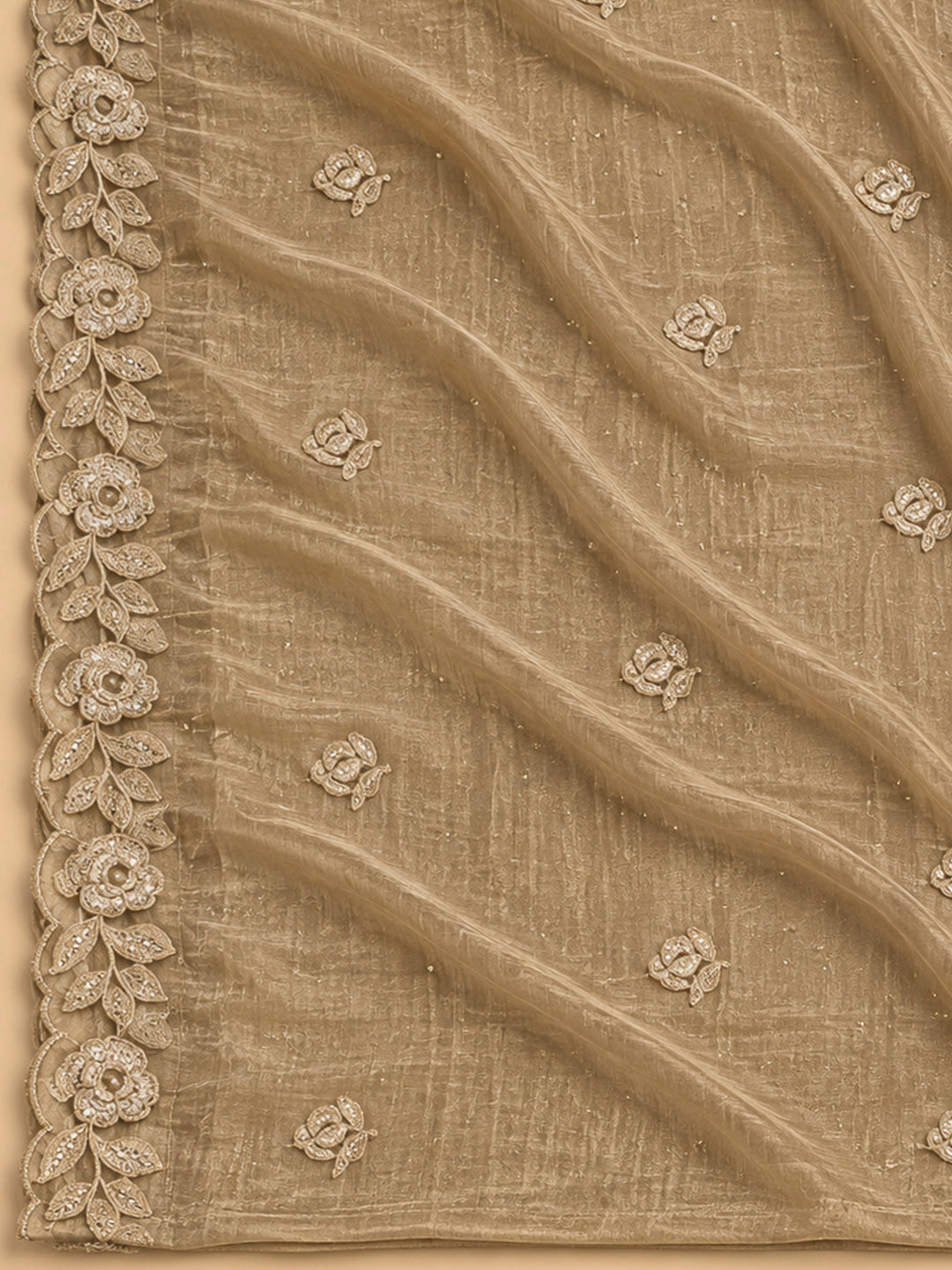 Beige Organza Embroidered Unstitched Dress Material