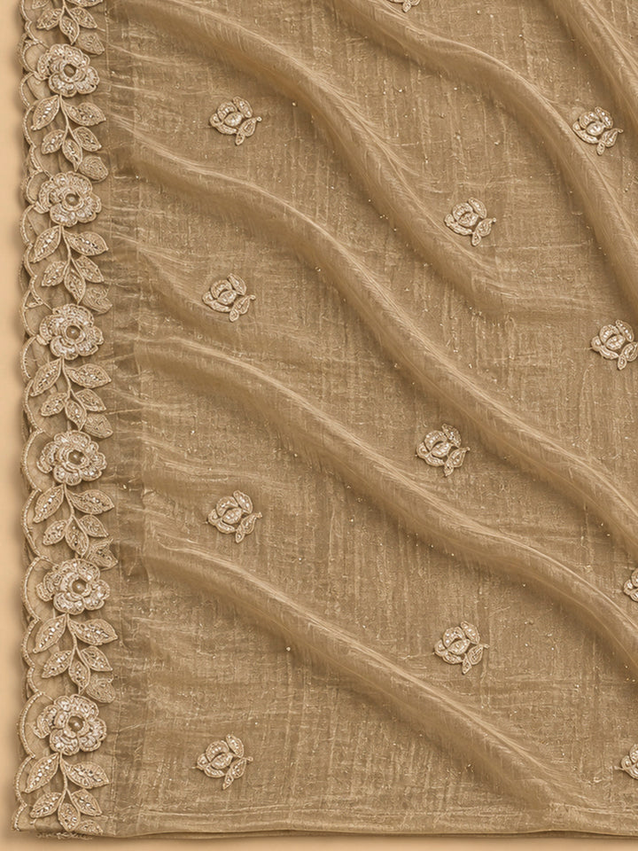 Beige Organza Embroidered Unstitched Dress Material