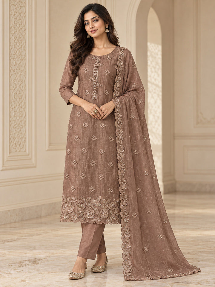 Dusty Pink Organza Embroidered Unstitched Dress Material