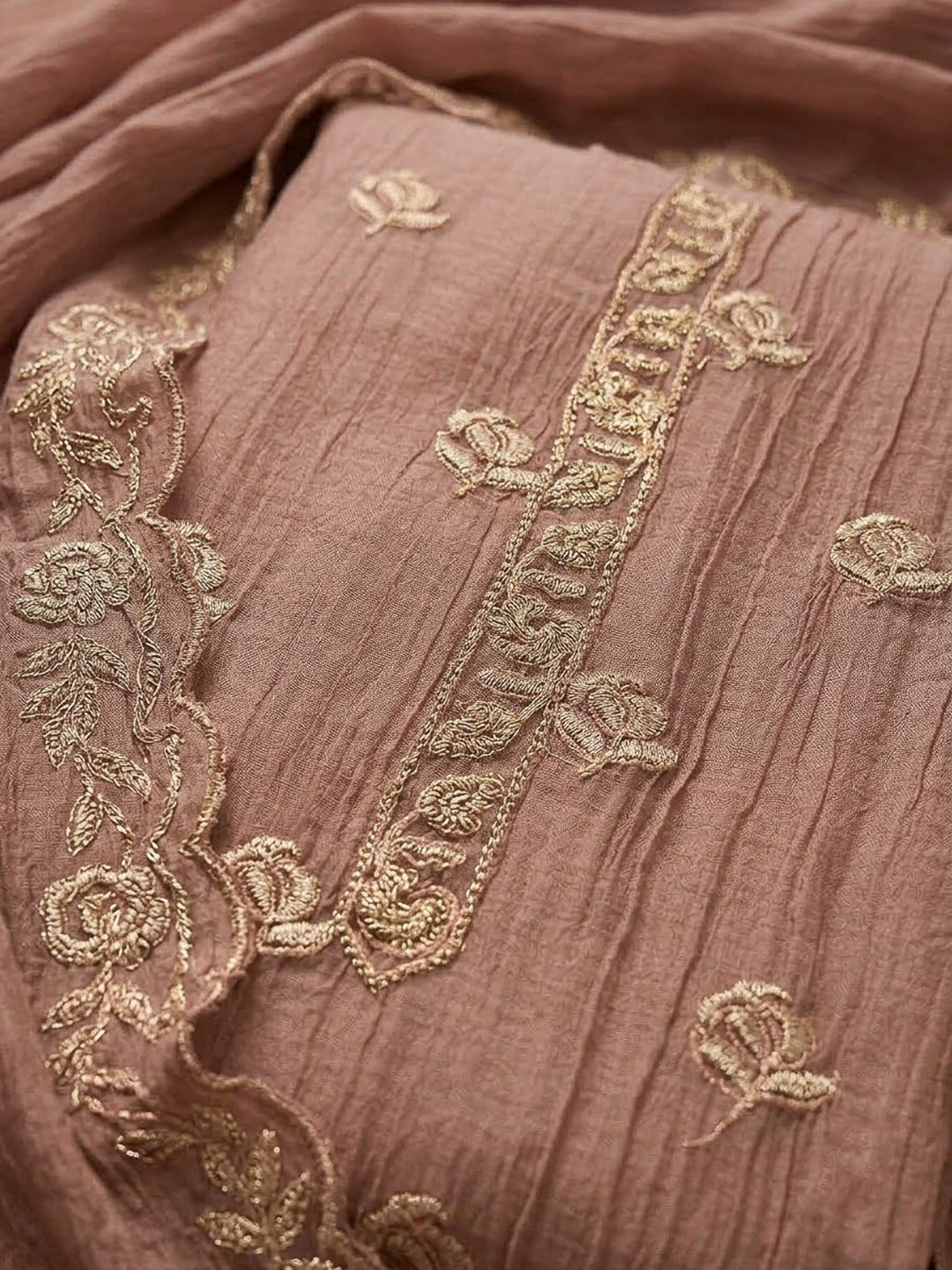 Dusty Pink Organza Embroidered Unstitched Dress Material