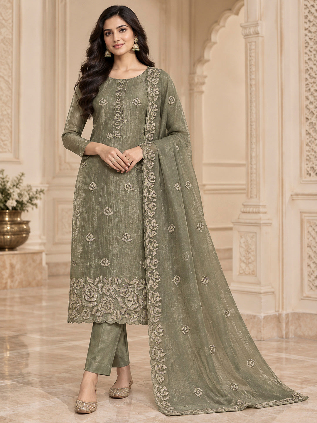Olive Green Organza Embroidered Unstitched Dress Material