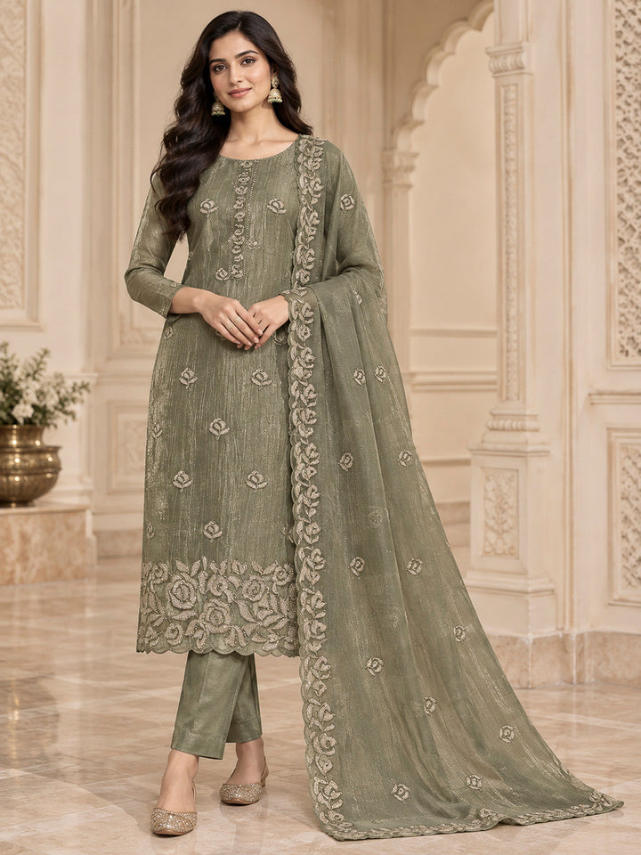 Olive Green Organza Embroidered Unstitched Dress Material