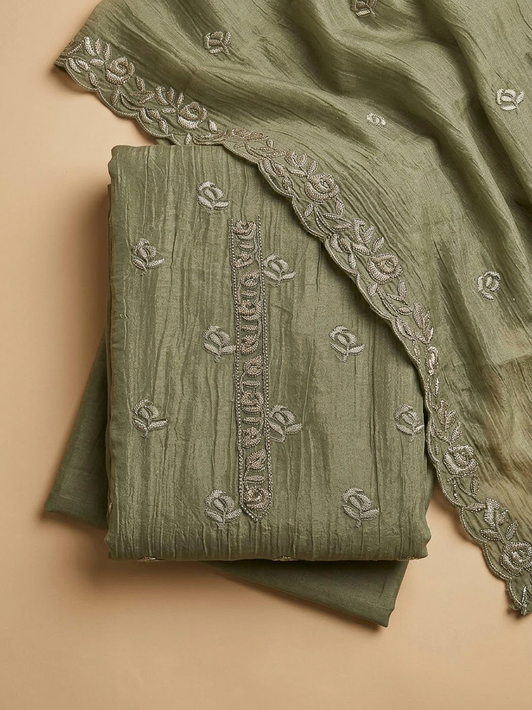 Olive Green Organza Embroidered Unstitched Dress Material