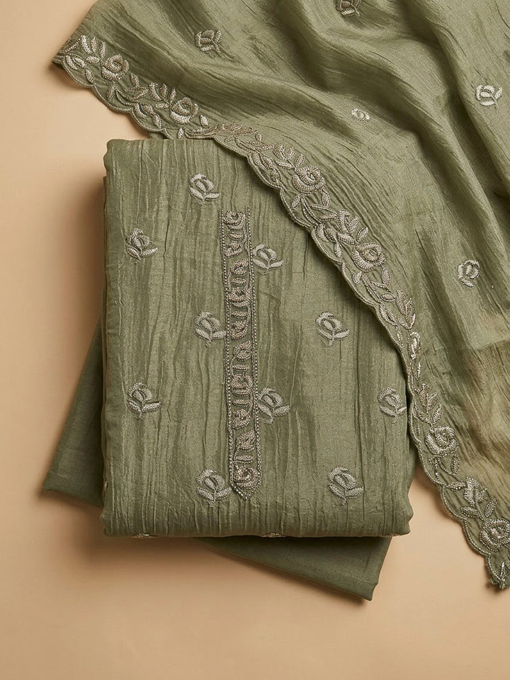 Olive Green Organza Embroidered Unstitched Dress Material