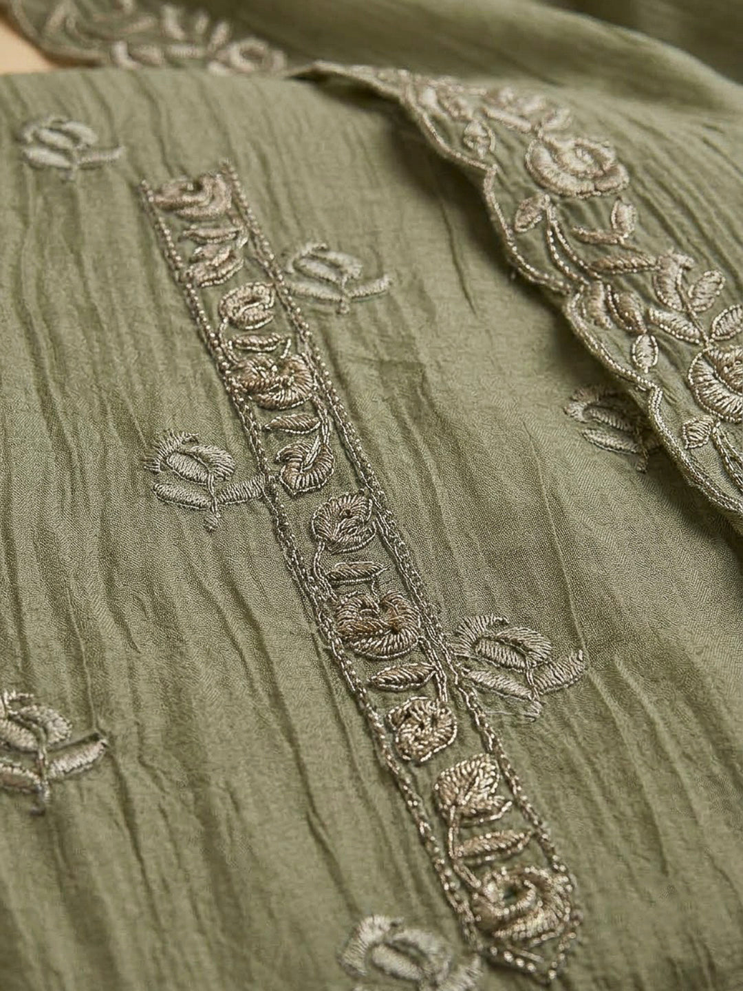 Olive Green Organza Embroidered Unstitched Dress Material