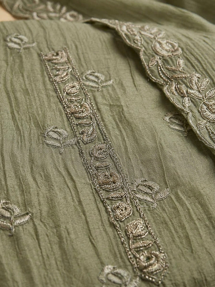 Olive Green Organza Embroidered Unstitched Dress Material