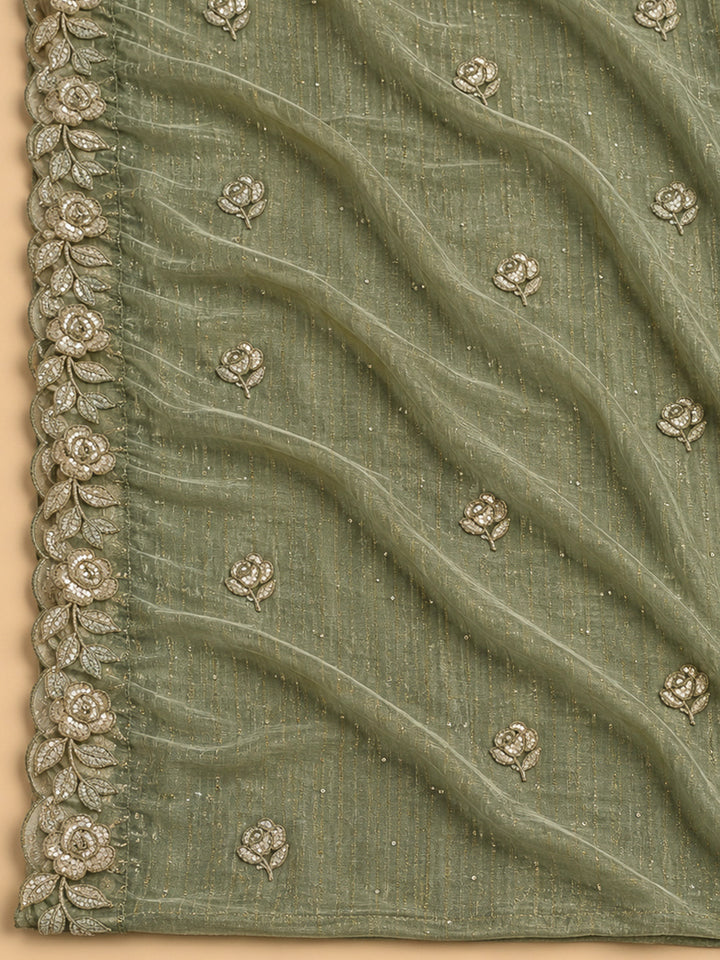 Olive Green Organza Embroidered Unstitched Dress Material