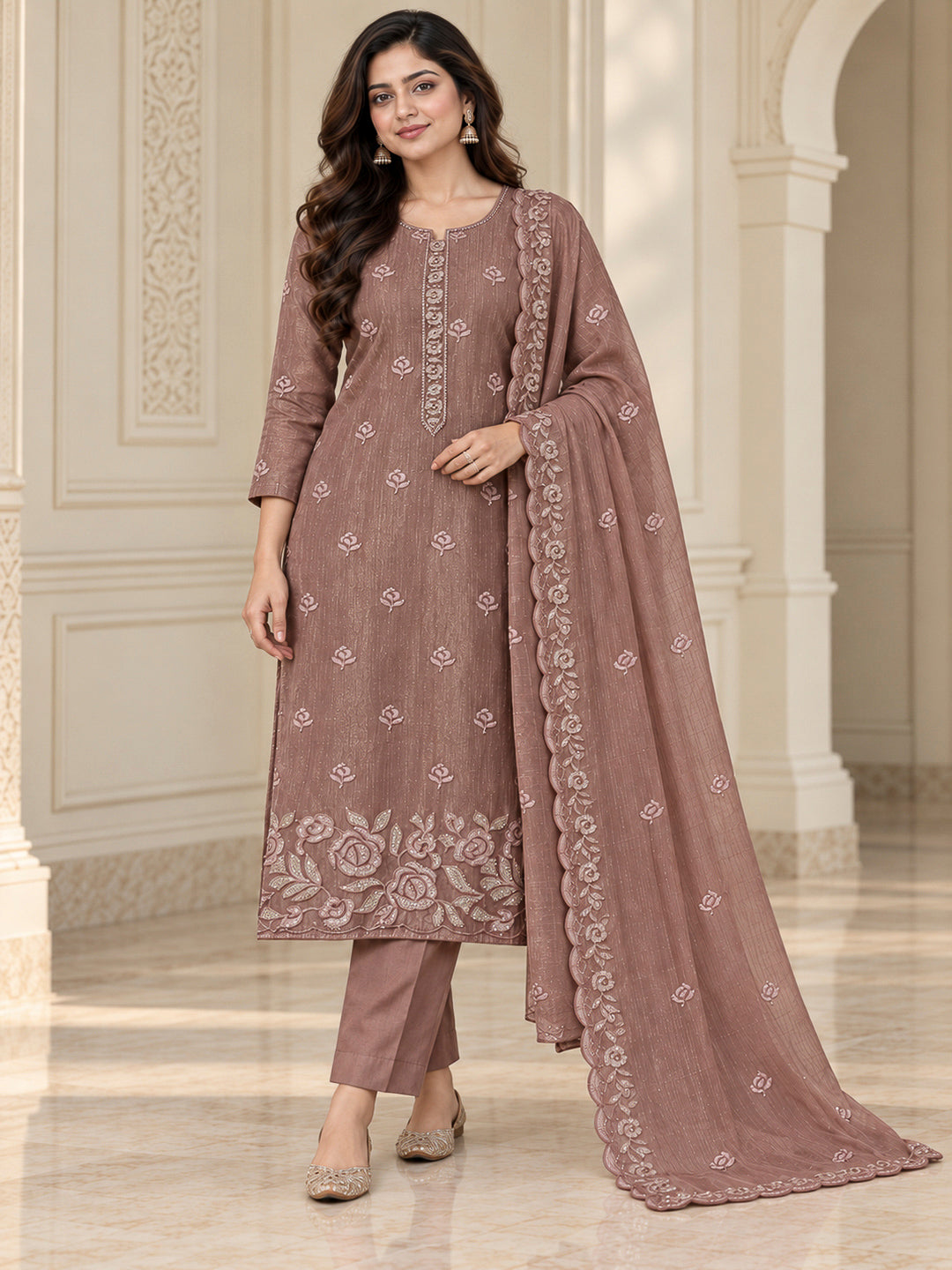 Onion Pink Organza Embroidered Unstitched Dress Material