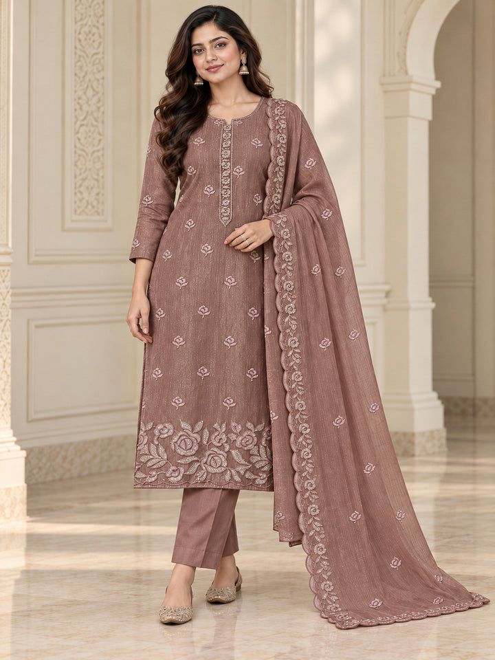 Onion Pink Organza Embroidered Unstitched Dress Material