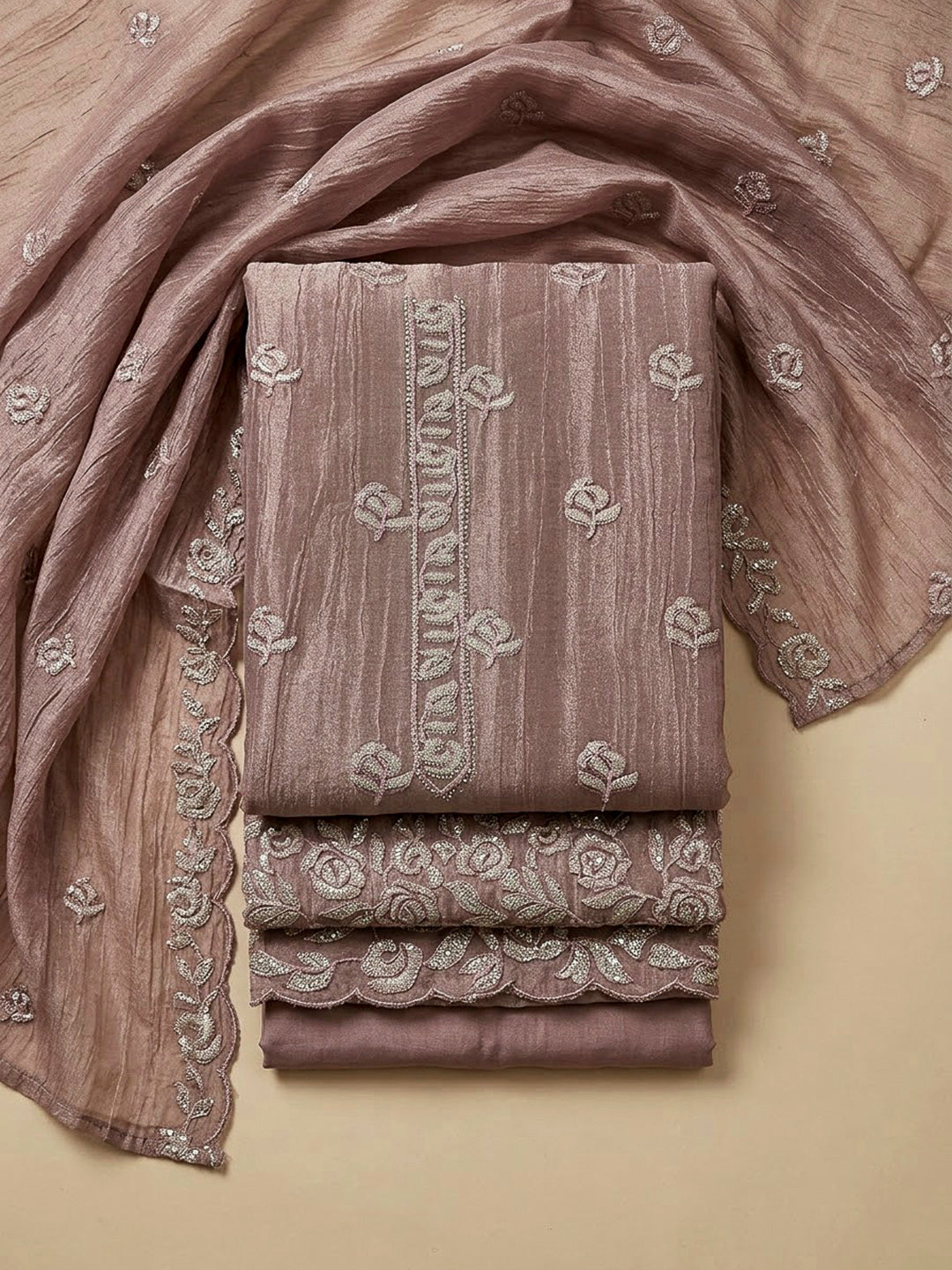 Onion Pink Organza Embroidered Unstitched Dress Material