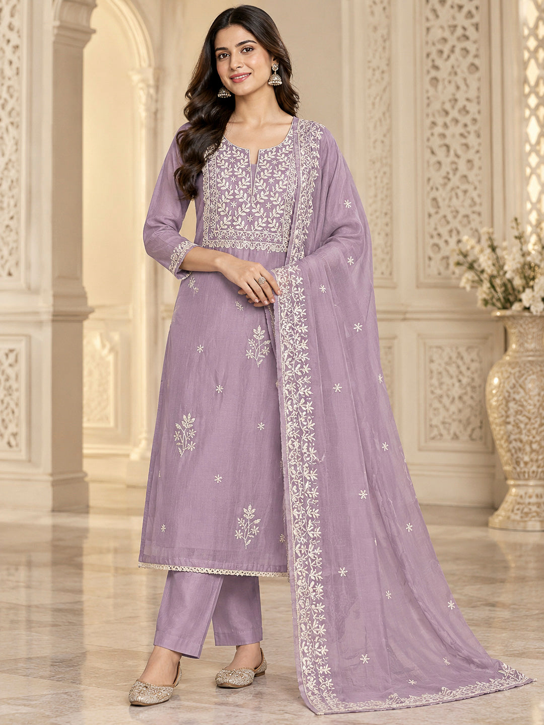 Lavender Chanderi Embroidered Unstitched Dress Material