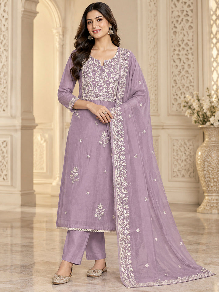 Lavender Chanderi Embroidered Unstitched Dress Material