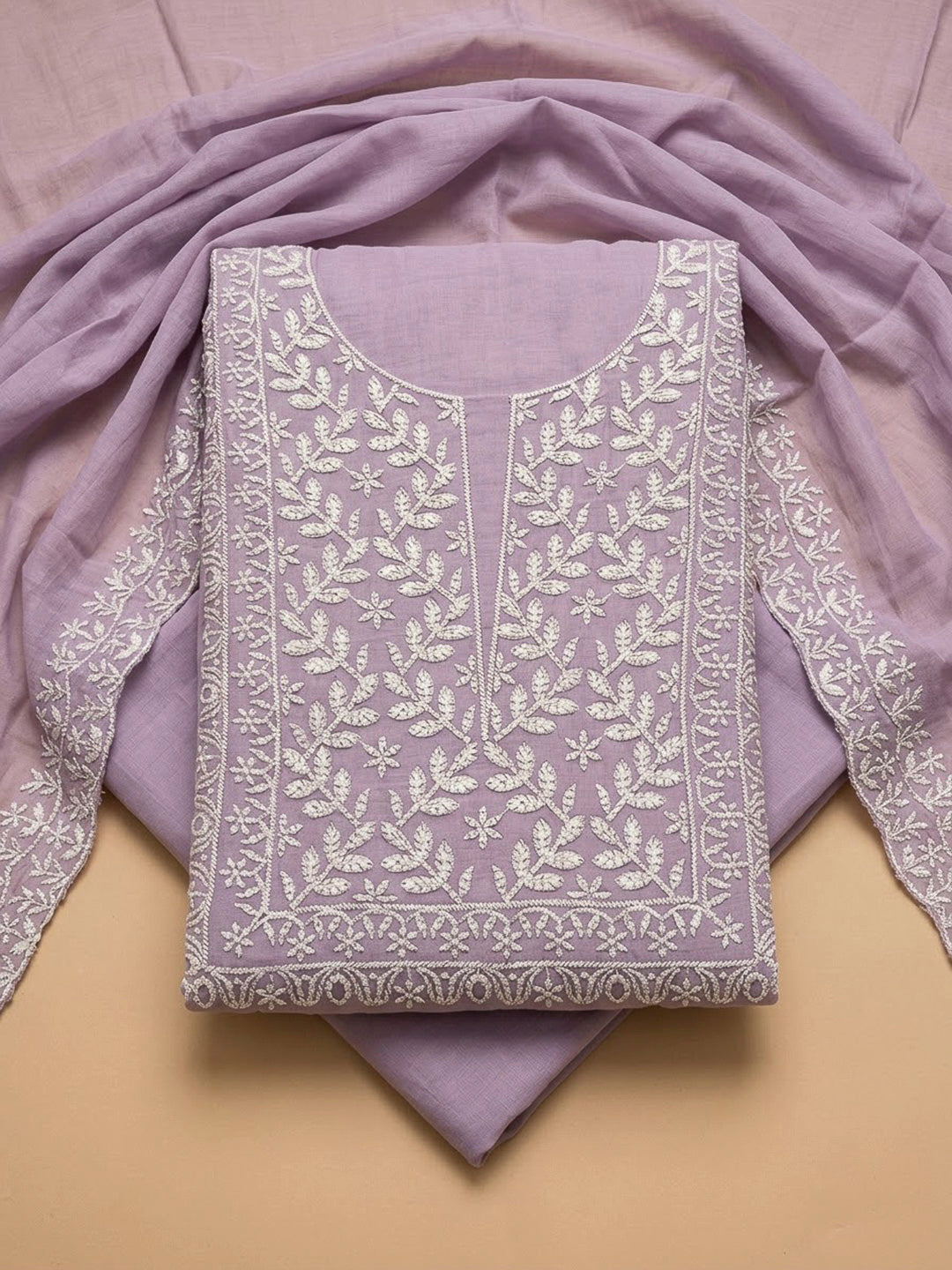 Lavender Chanderi Embroidered Unstitched Dress Material