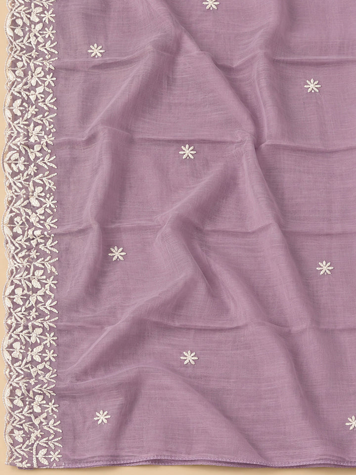 Lavender Chanderi Embroidered Unstitched Dress Material