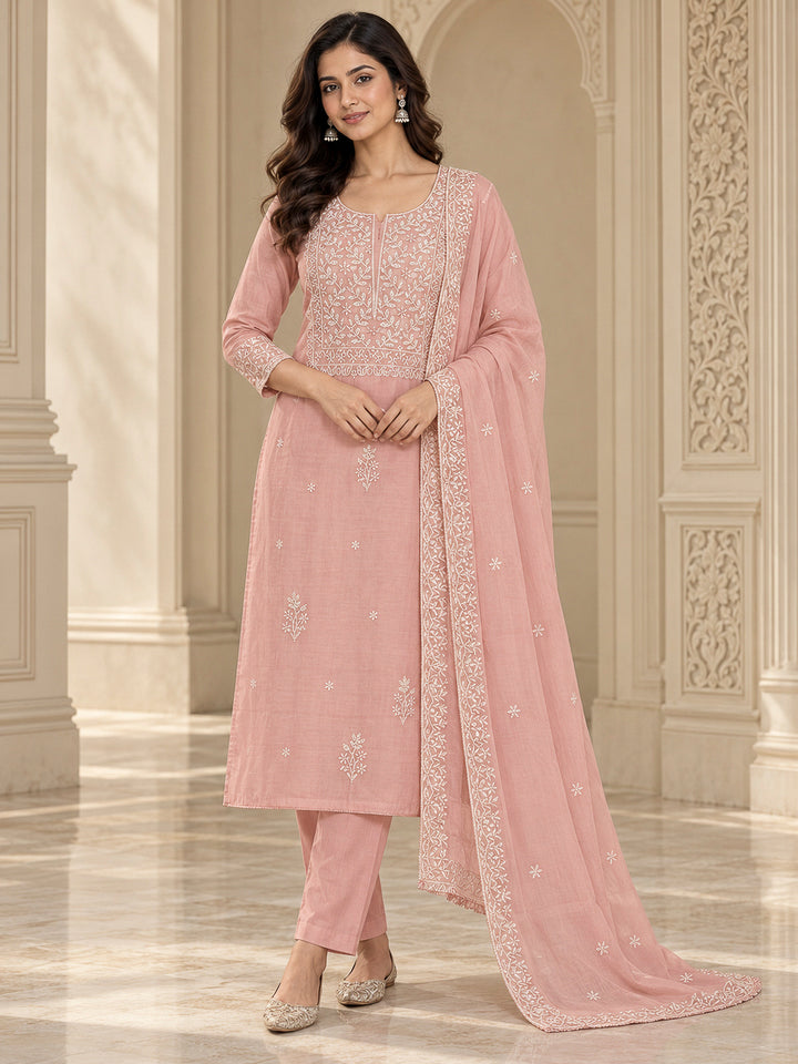 Peach Chanderi Embroidered Unstitched Dress Material