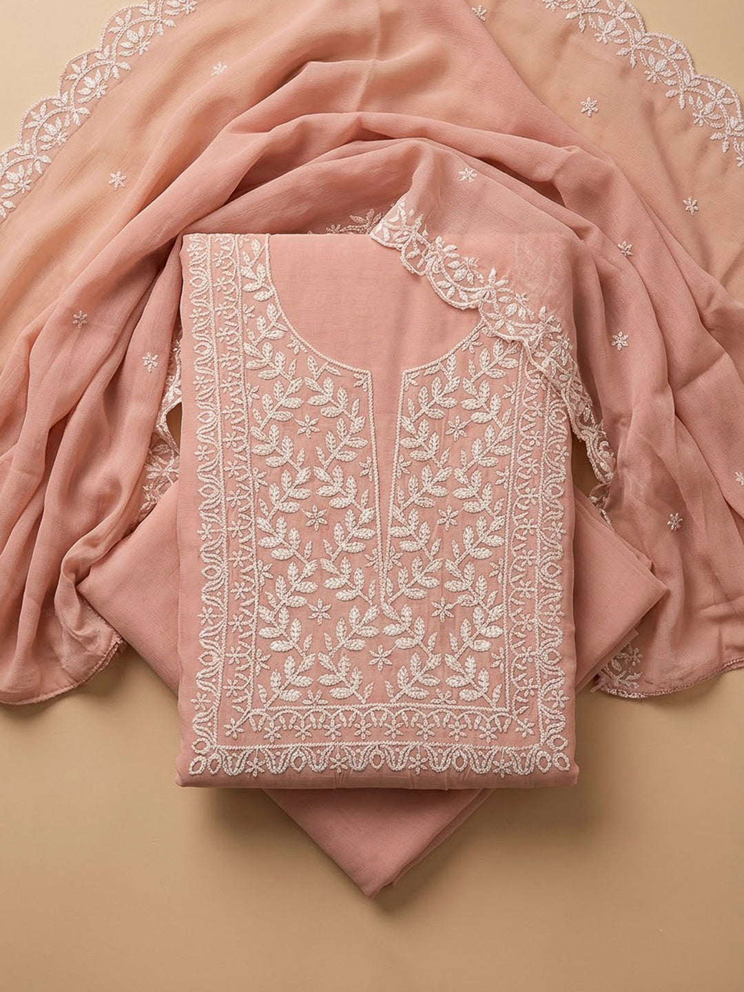 Peach Chanderi Embroidered Unstitched Dress Material